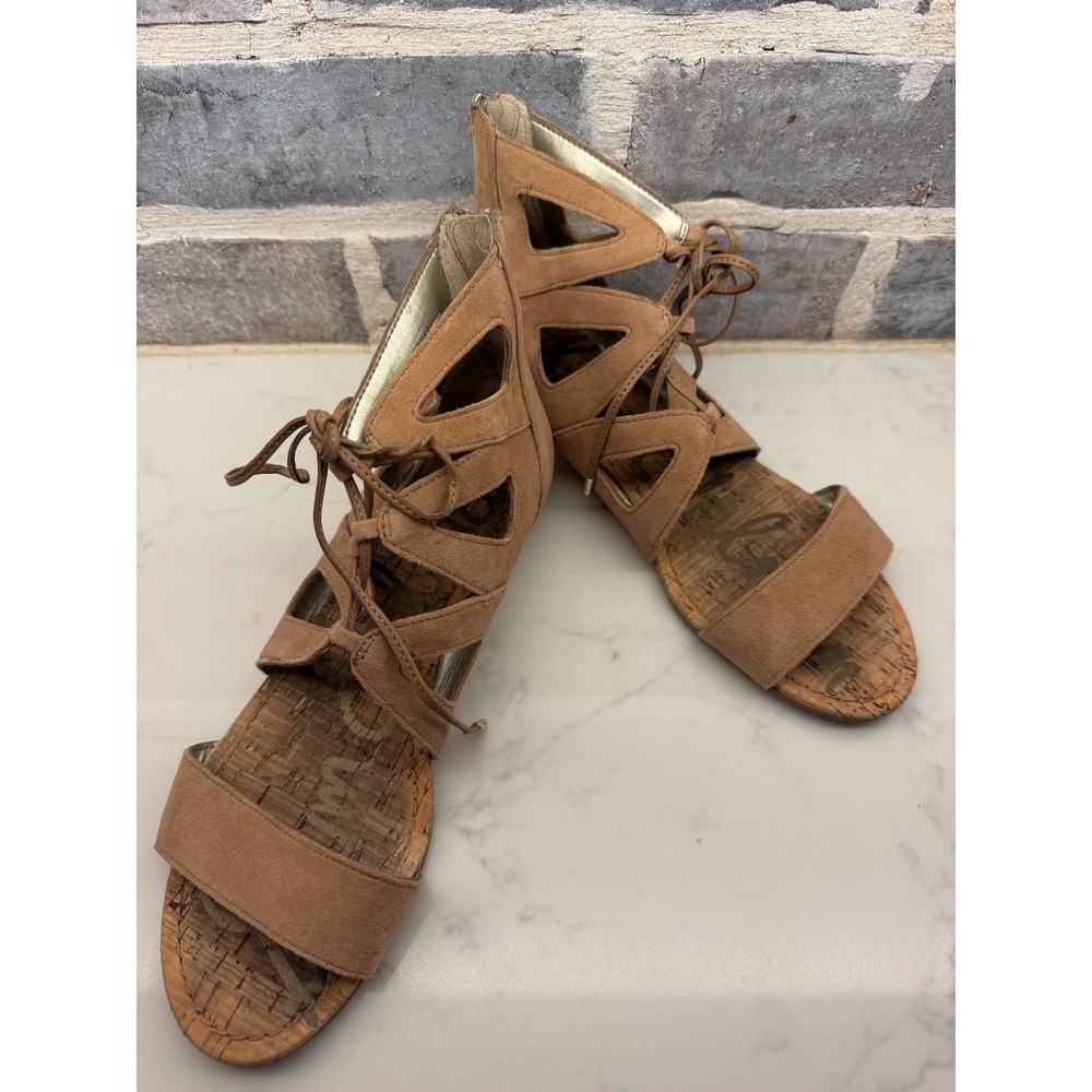 Sam Edelman Tan Suede Lace Up Gladiator Wedge Sandals Cork Heel 8.5M